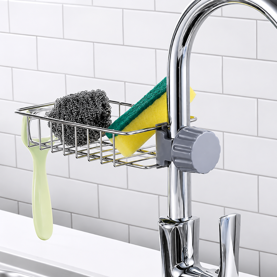 Sponge Holder, Stainless Steel Faucet Storage Rack, Adhesive Sink Caddy Organizer for Brush, Towel. Shower Soap Dish for Bathroom, Kitchen Hanging Storage Accessories